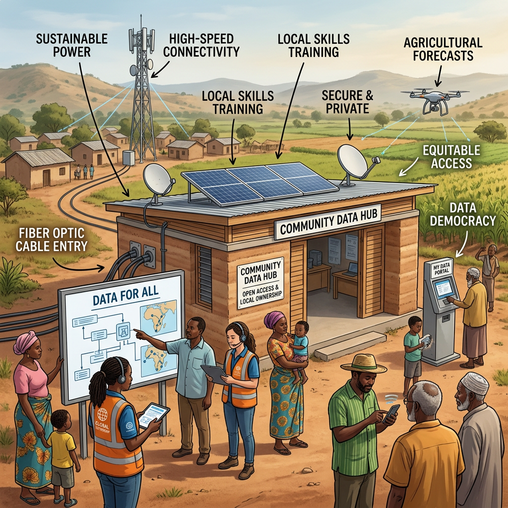 Solar-powered community data hub with people accessing digital tools and connectivity in rural area