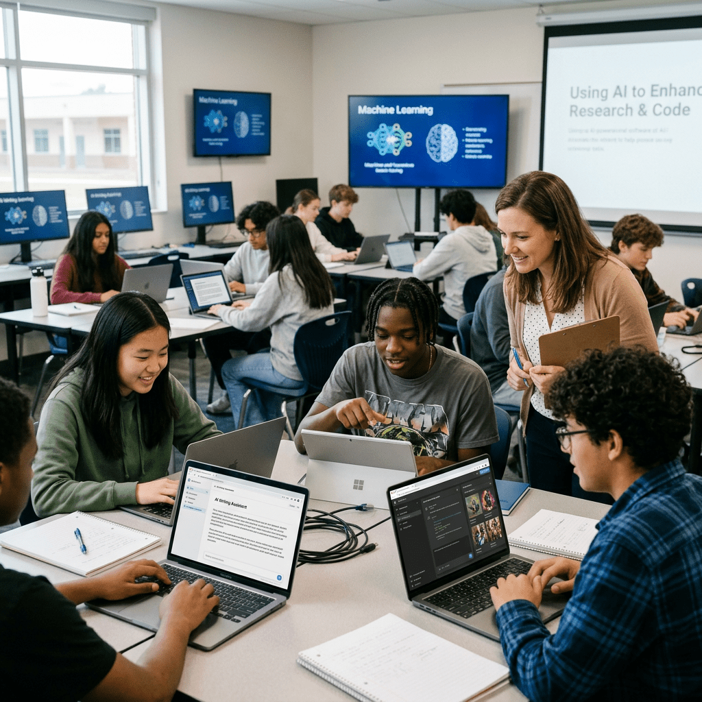 High school students using laptops to learn about AI and machine learning in a classroom with a teacher assisting