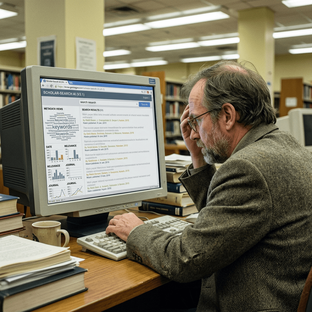 Man searching academic articles with AI software on computer in library