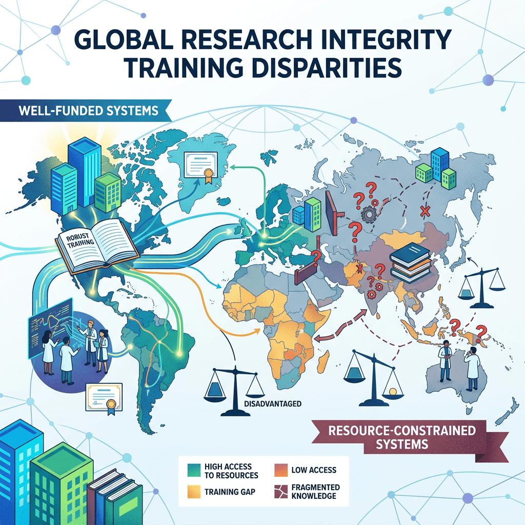 World map highlighting regions with high, low, and gap in research integrity training resources