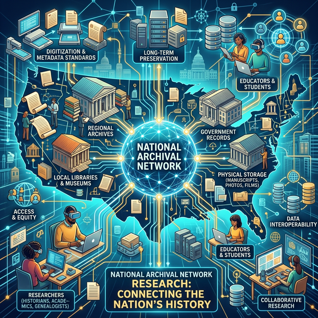 Diagram of the National Archival Network linking archives, libraries, researchers, educators, government records, and data storage across the U.S.