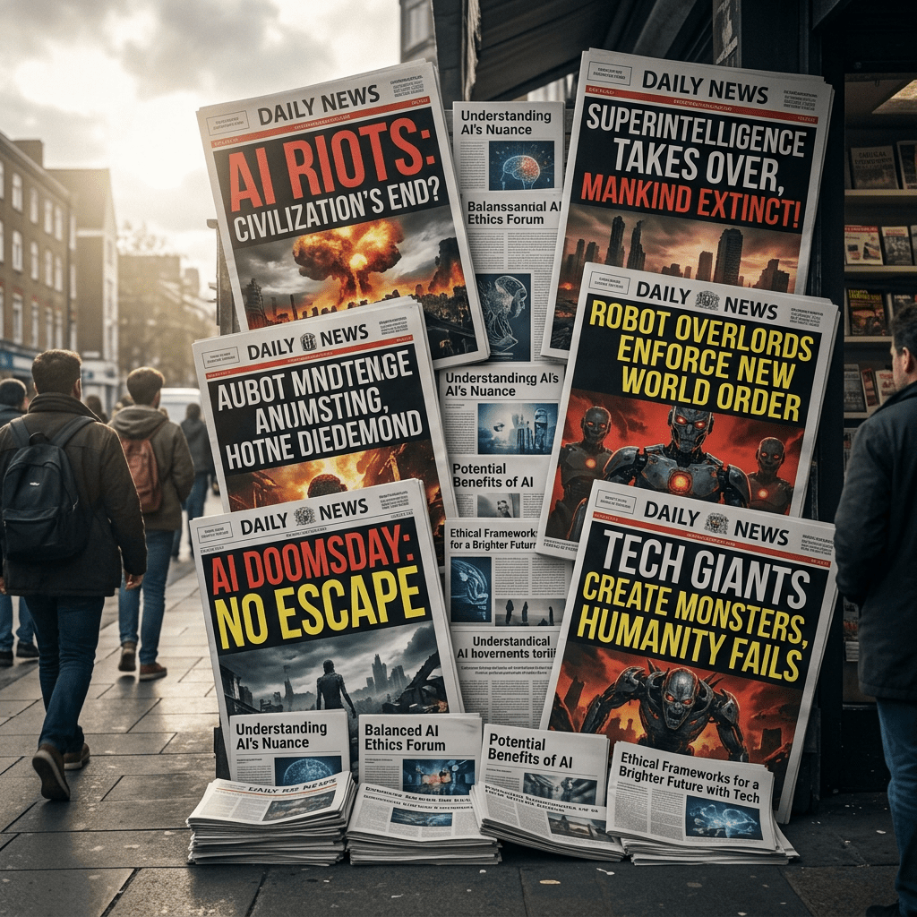 Newspapers with headlines about AI riots, superintelligence, robot overlords, and humanity's downfall