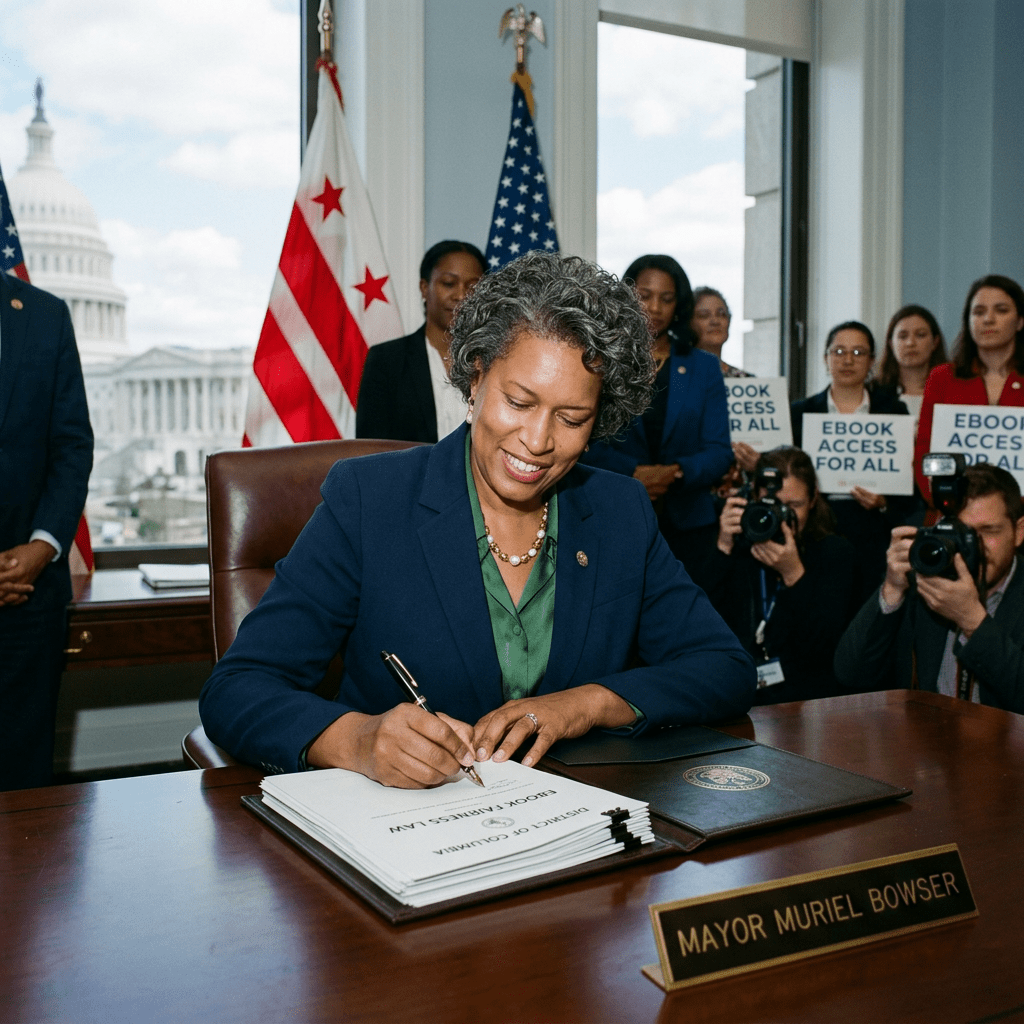 Mayor Muriel Bowser signing the District of Columbia Ebook Fairness Law in an office with flags and supporters holding 'Ebook Access For All' signs