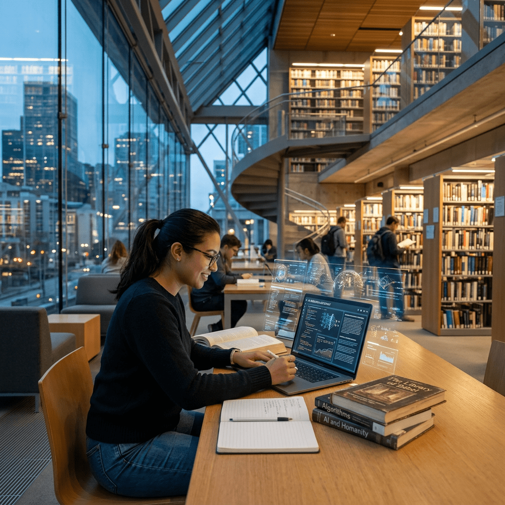 Student studying at desk with laptop and holographic data displays in modern library