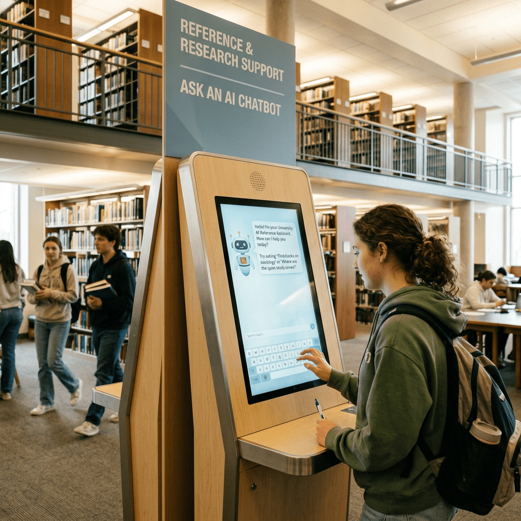 Student interacting with AI chatbot kiosk for research help in library