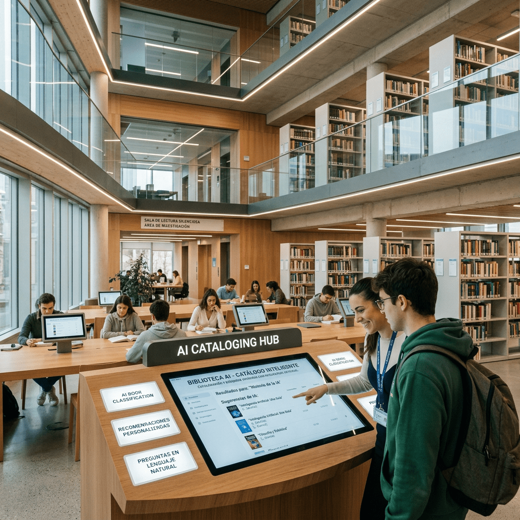 Two people interacting with an AI cataloging touchscreen in a modern library