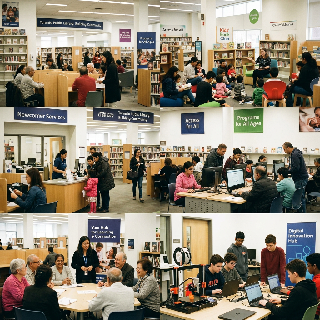 People of all ages engaged in library programs, computer use, and group discussions at Toronto Public Library
