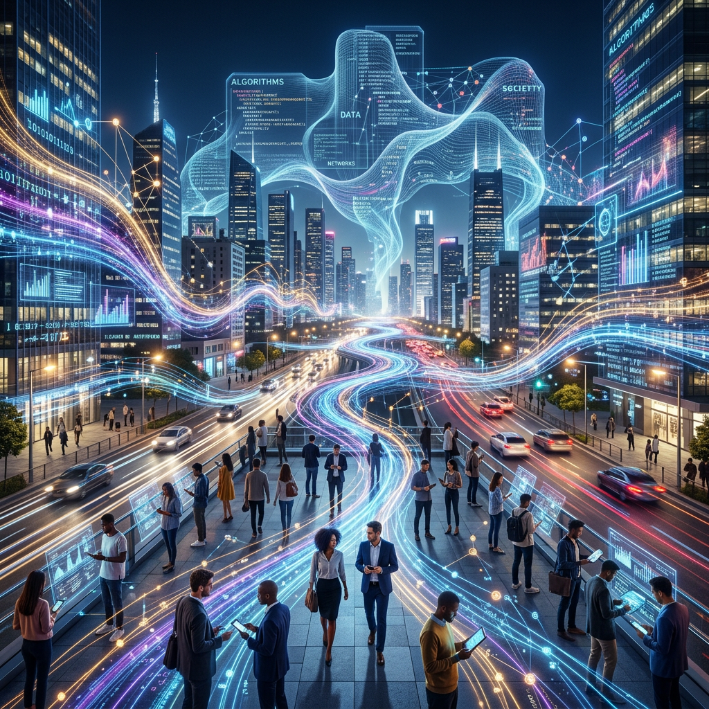 People using digital devices on a city street with streaming data, charts, and algorithm visuals floating above