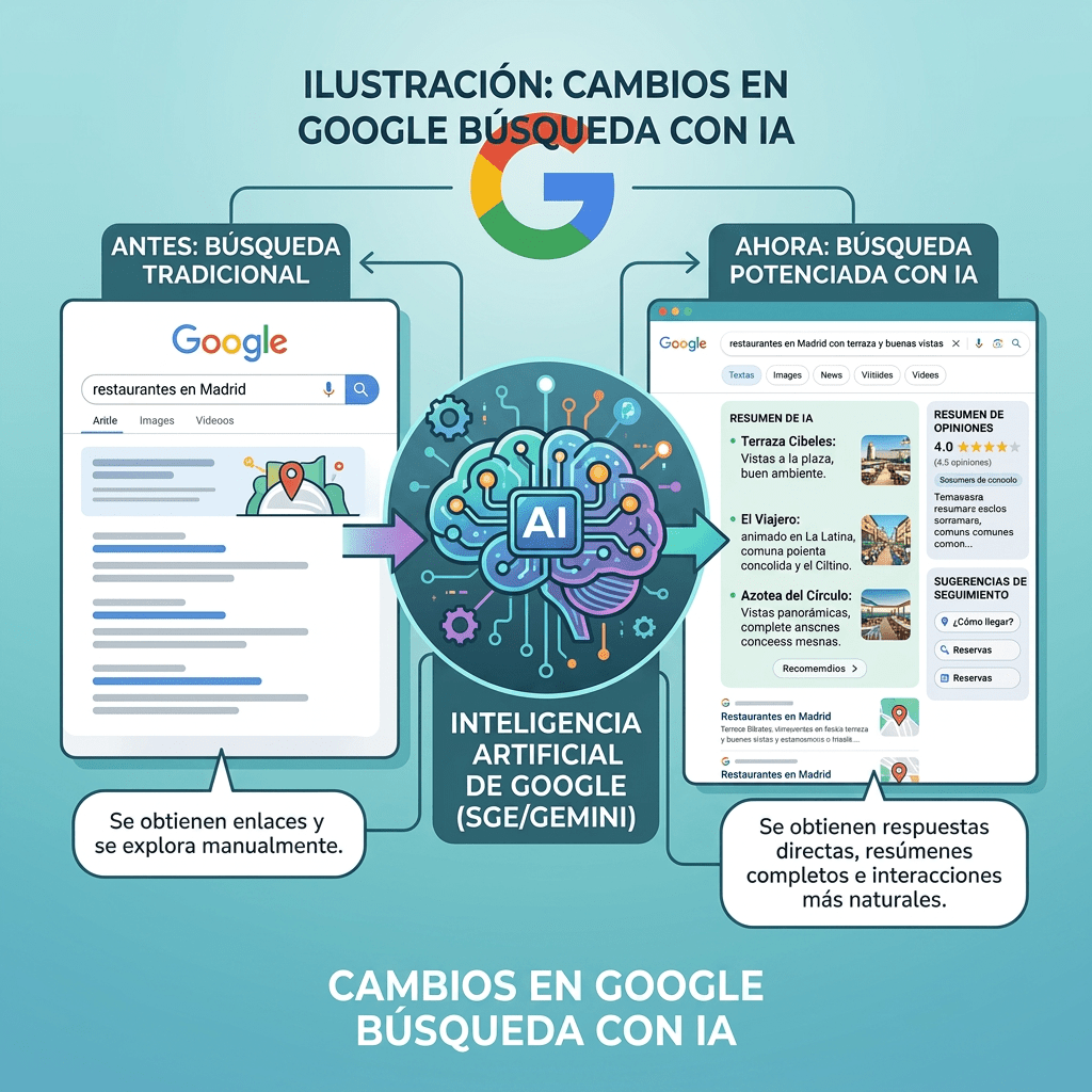 Comparación visual de búsquedas en Google tradicional y con inteligencia artificial mostrando diferencias en resultados para restaurantes en Madrid.