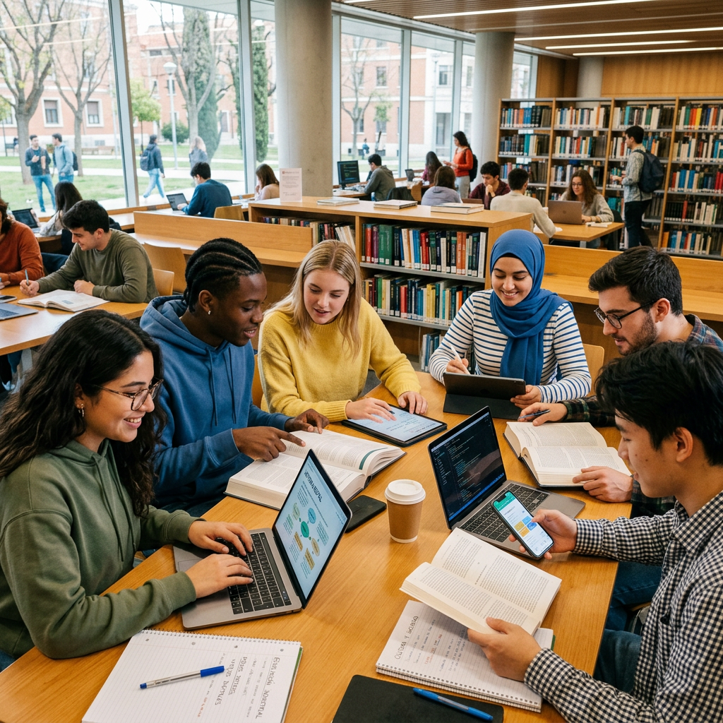 Group of diverse students studying together in a library with books, laptops, and tablets