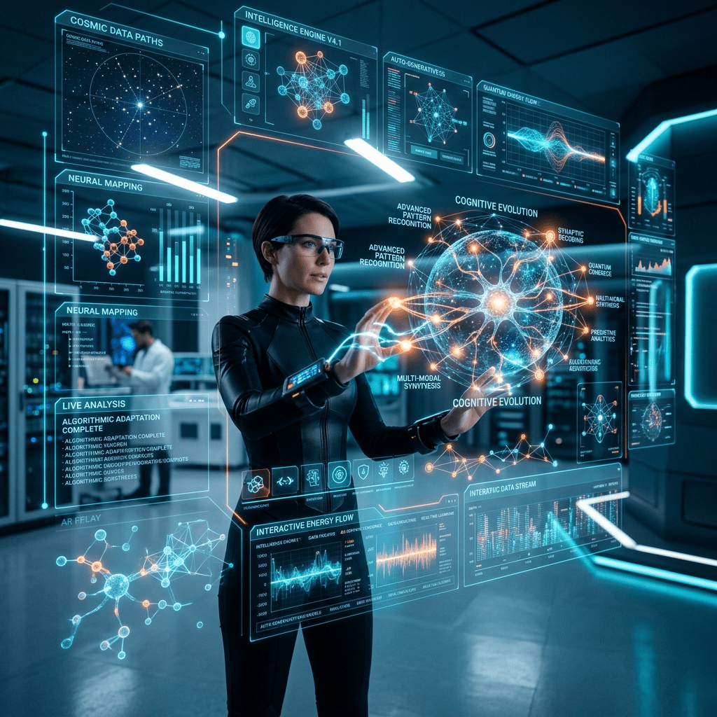Scientist using holographic display to analyze neural networks and cognitive evolution data