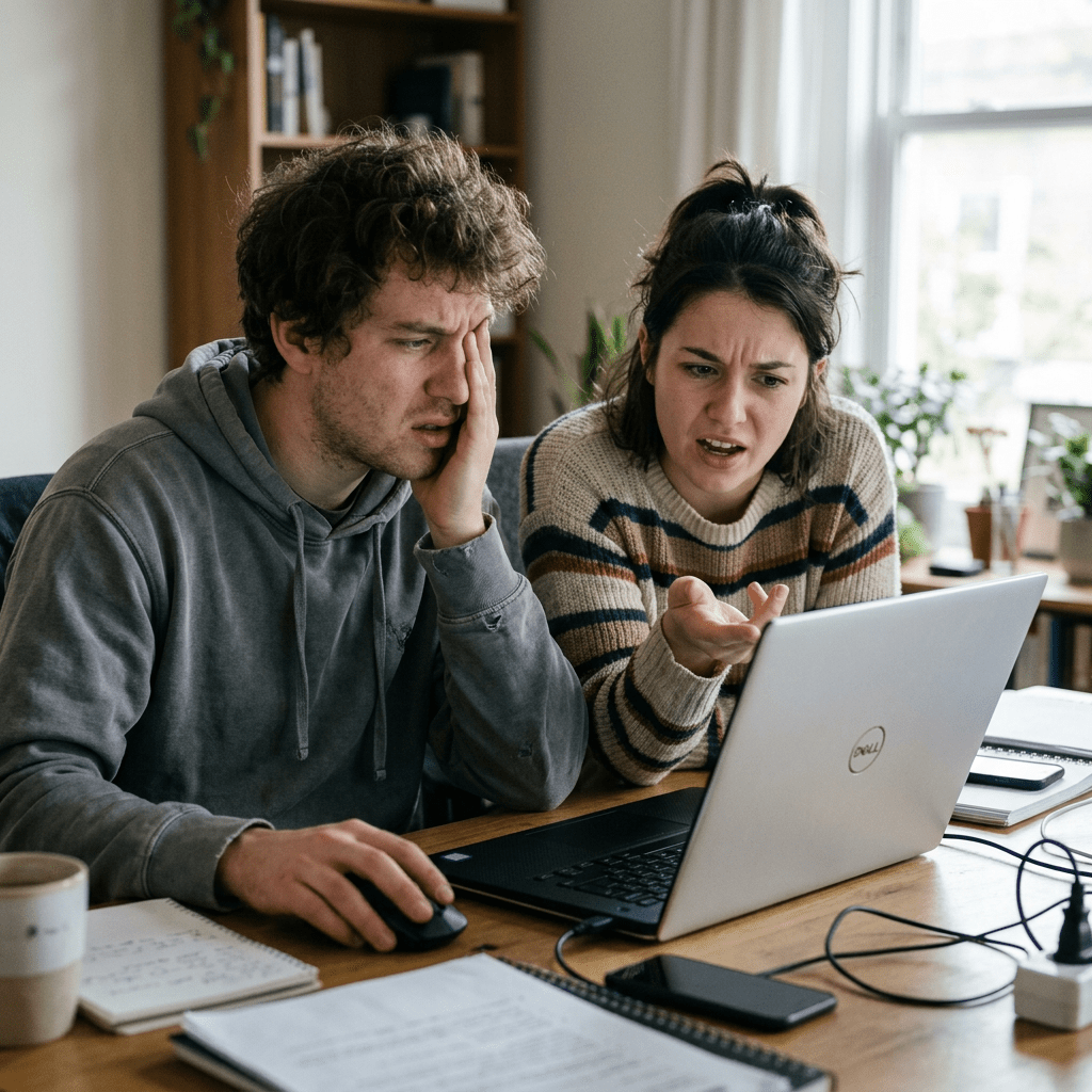 Young man and woman frustrated looking at laptop screen