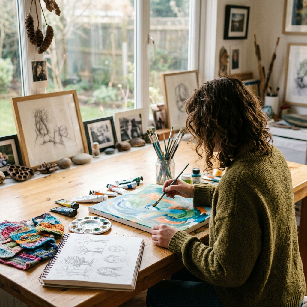 Woman painting an abstract canvas at a wooden table surrounded by art supplies and sketches