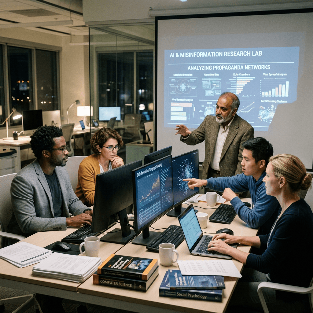 Team discussing AI misinformation research with data visualizations on screens and projector