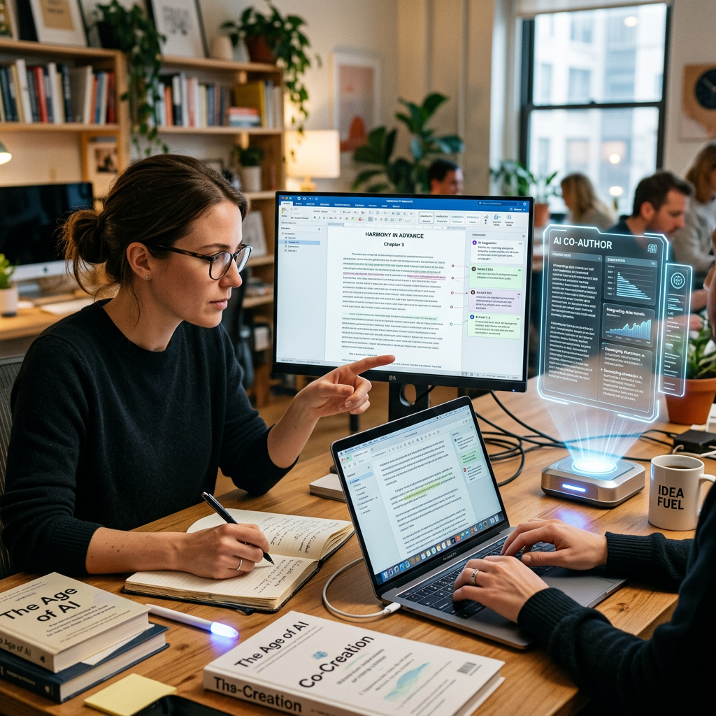 Two people collaborating on writing using laptop, desktop, and AI holographic assistant
