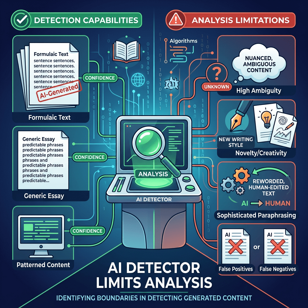 Diagram showing AI detector capabilities with formulaic text, generic essay, and patterned content vs. limitations like high ambiguity, new writing style, and paraphrasing