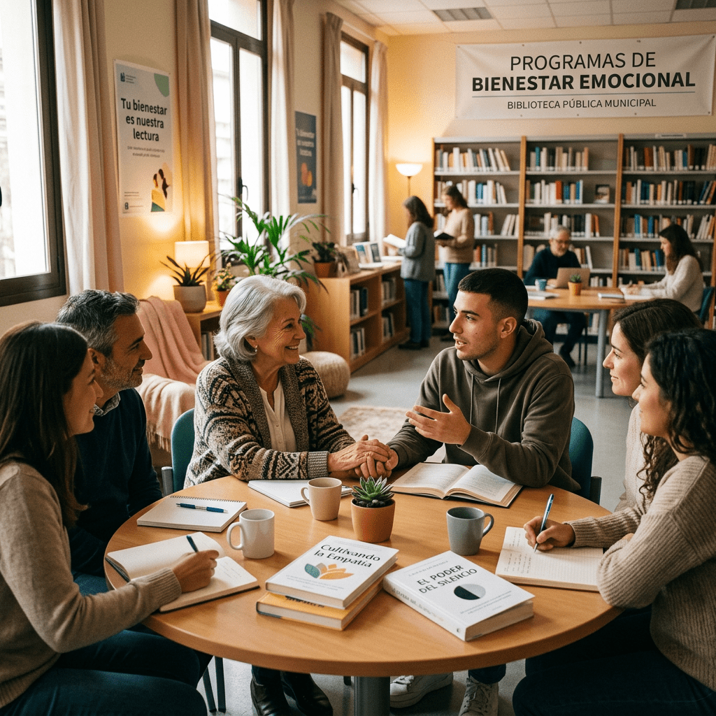 Group of people having a supportive discussion in a library emotional wellness program