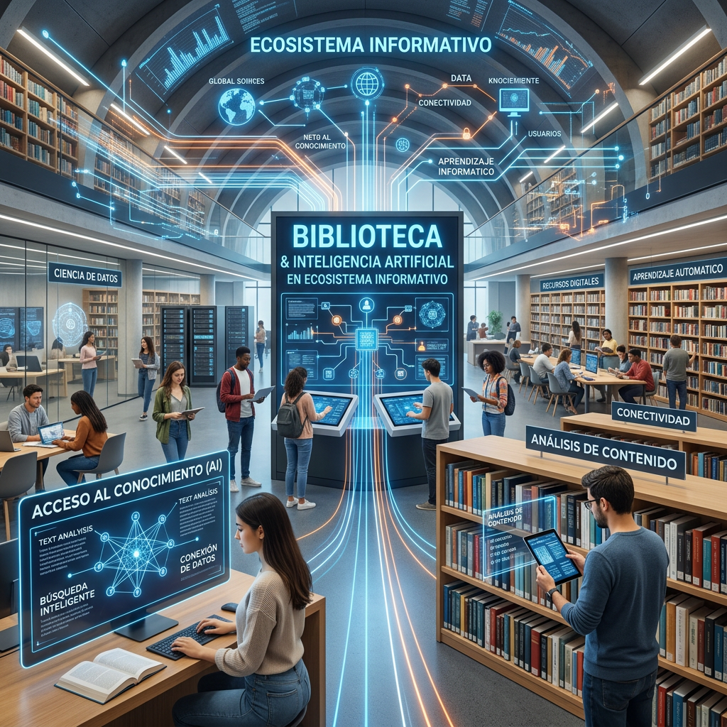 Library scene showing people using AI-driven digital interfaces for data access and learning