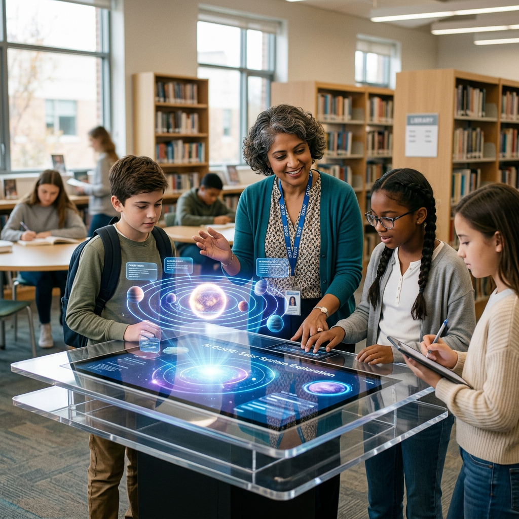 Teacher and students using interactive solar system hologram table in library