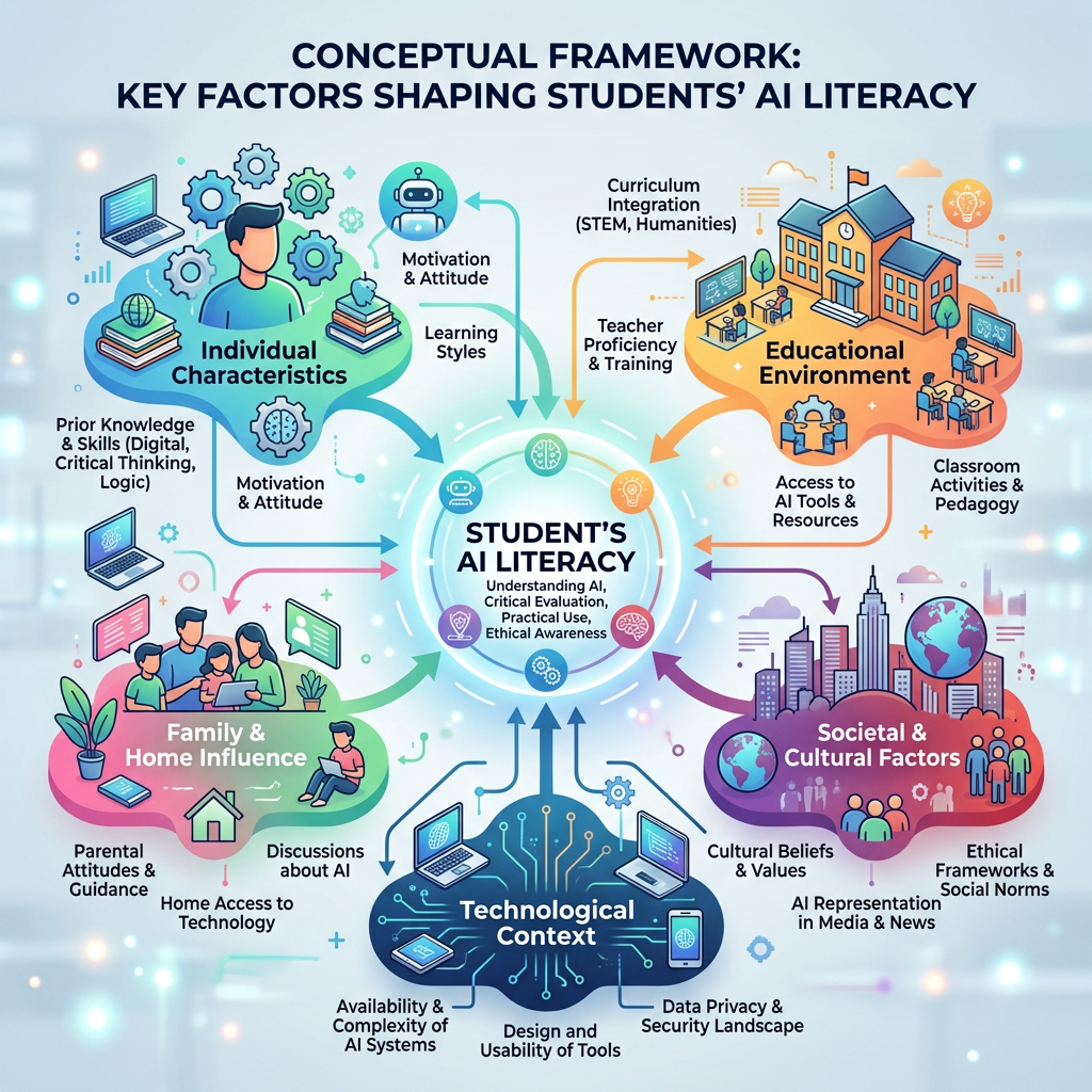Conceptual framework showing factors shaping students' AI literacy including individual characteristics, educational environment, family influence, societal factors, and technological context.