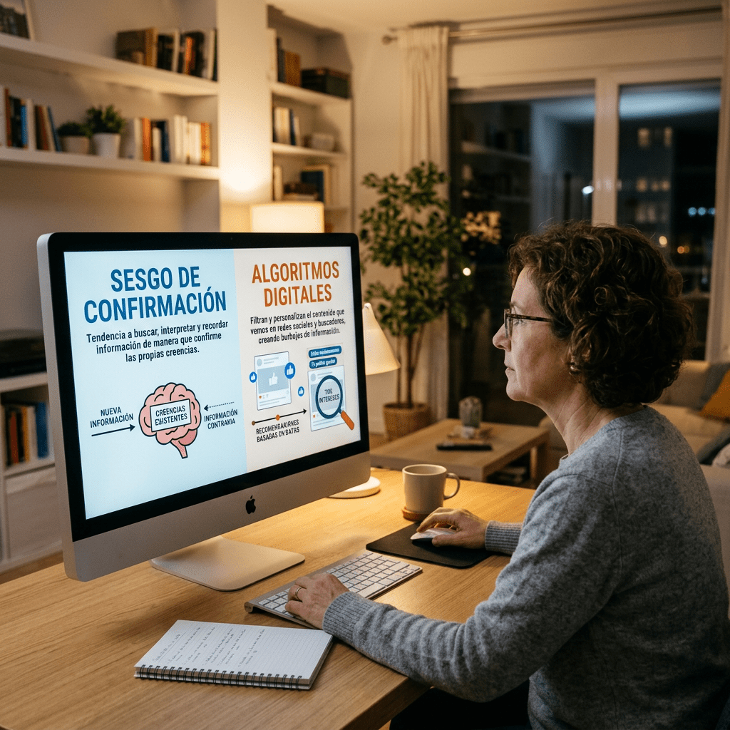 Computer screen showing information about confirmation bias and digital algorithms in Spanish, with a woman looking at it.