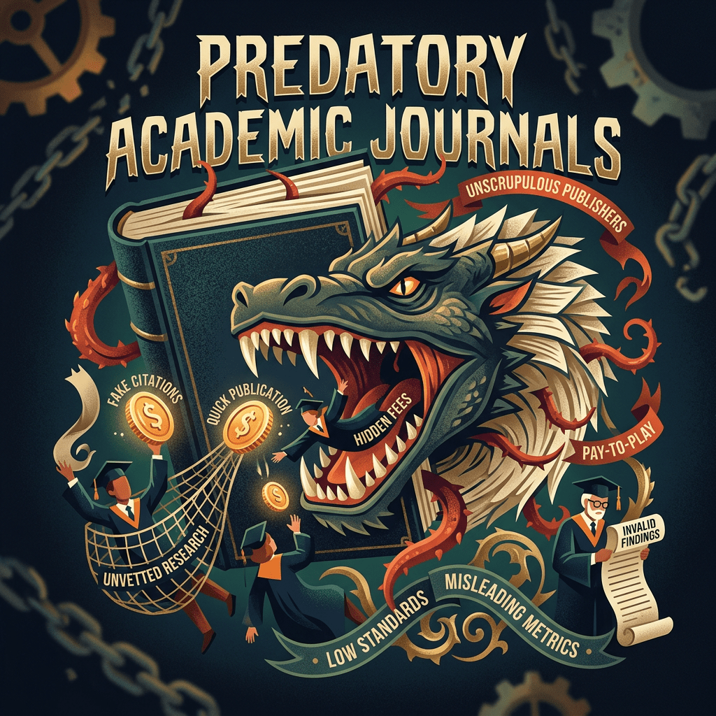 Dragon representing predatory academic journals attacking researchers with fake citations, quick publications, hidden fees, and invalid findings.
