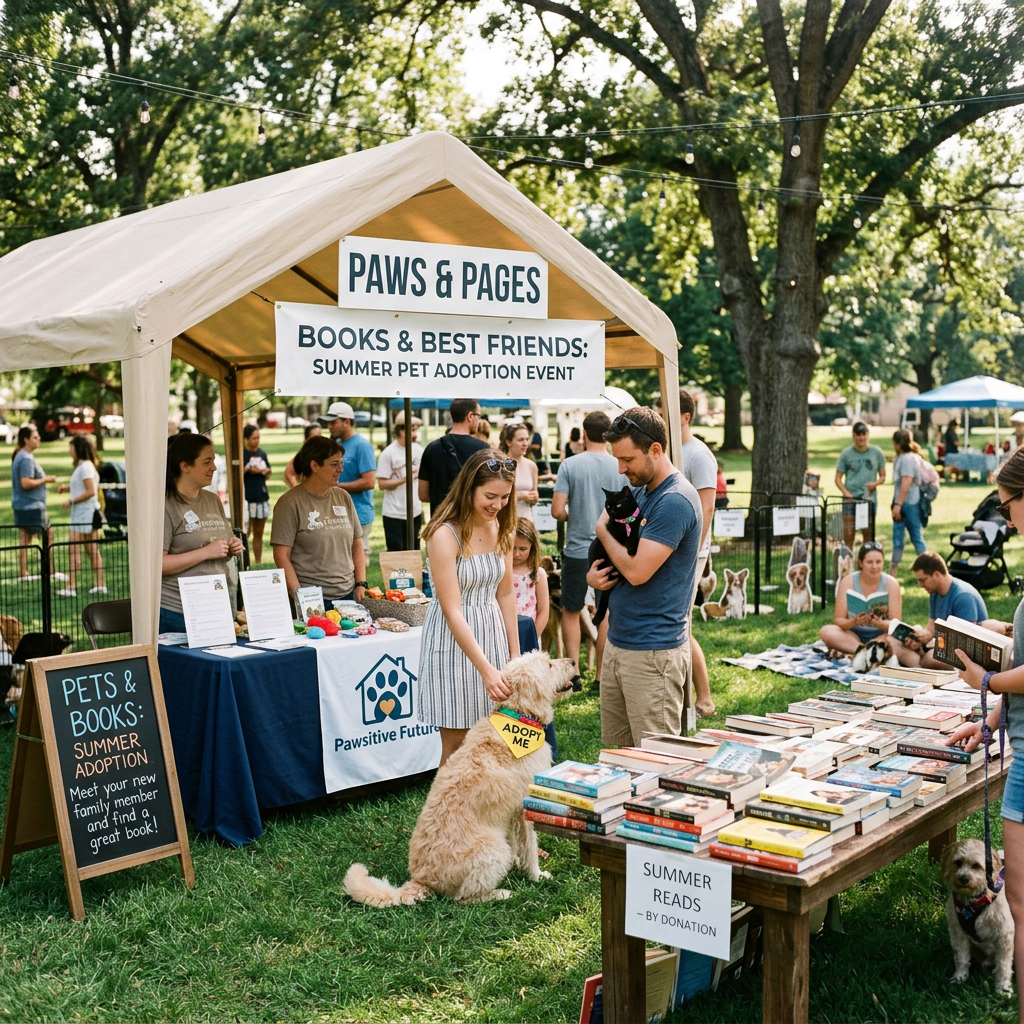 Outdoor summer pet adoption and book sale event with people, dogs, and books