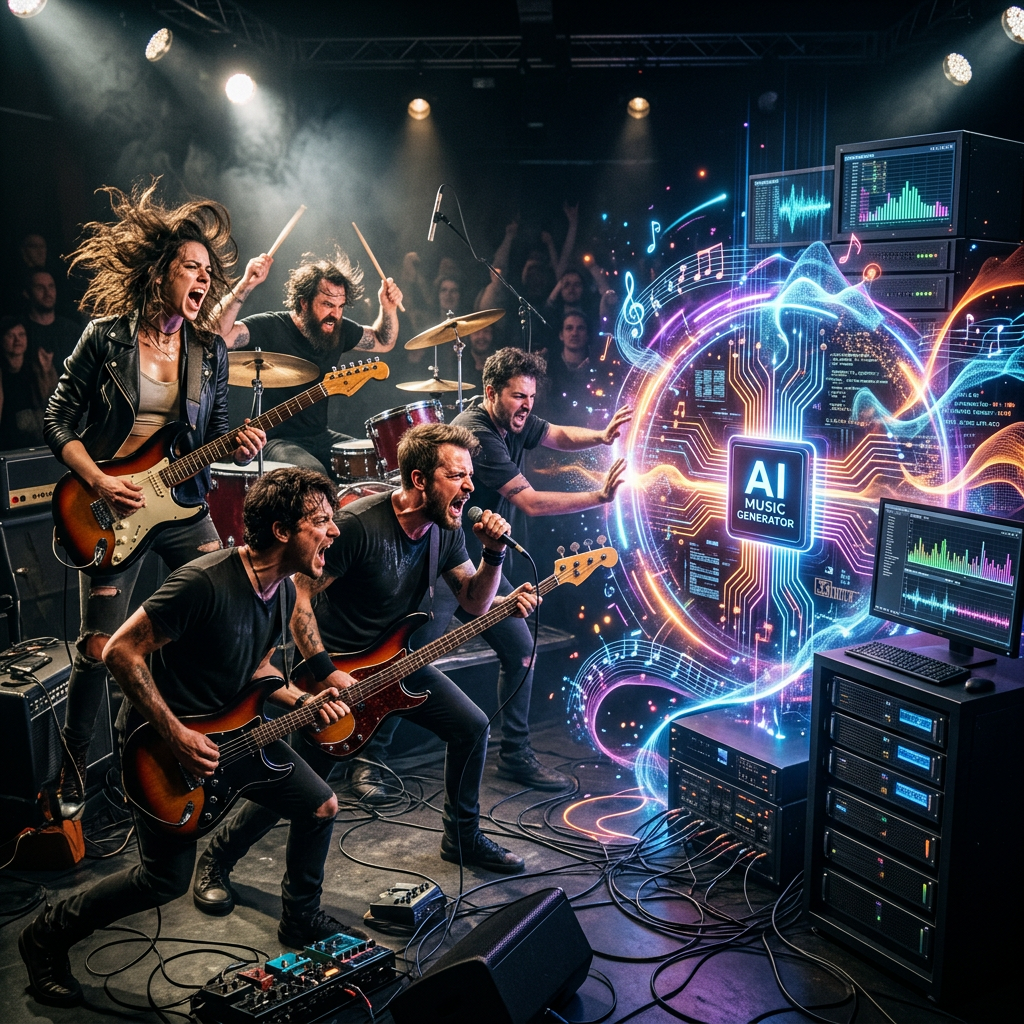 Rock band playing instruments energetically with AI music generator and soundwave visuals