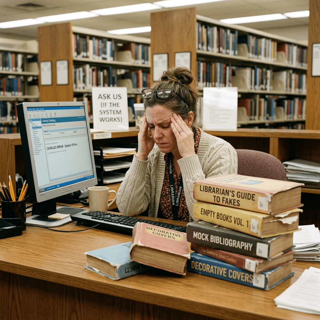Librarian looking frustrated with computer displaying catalog error offline message