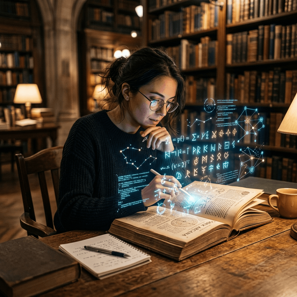 Student reading a large book with glowing scientific formulas and diagrams digitally overlaid