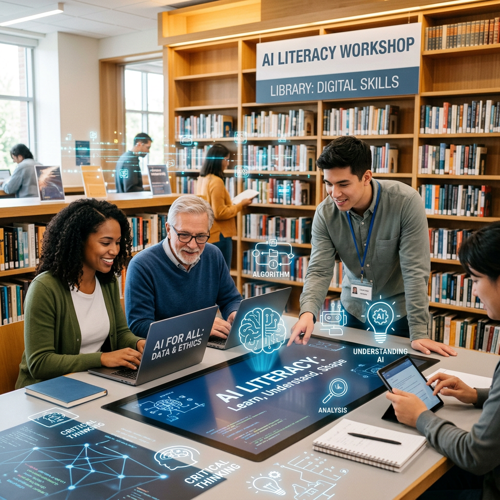 People participating in an AI literacy workshop with laptops and digital graphics about AI concepts