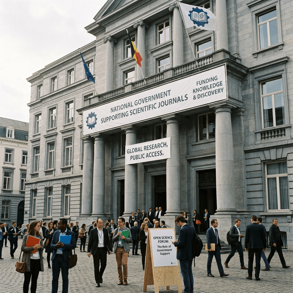 People outside a government building with banners supporting scientific journals and open access research