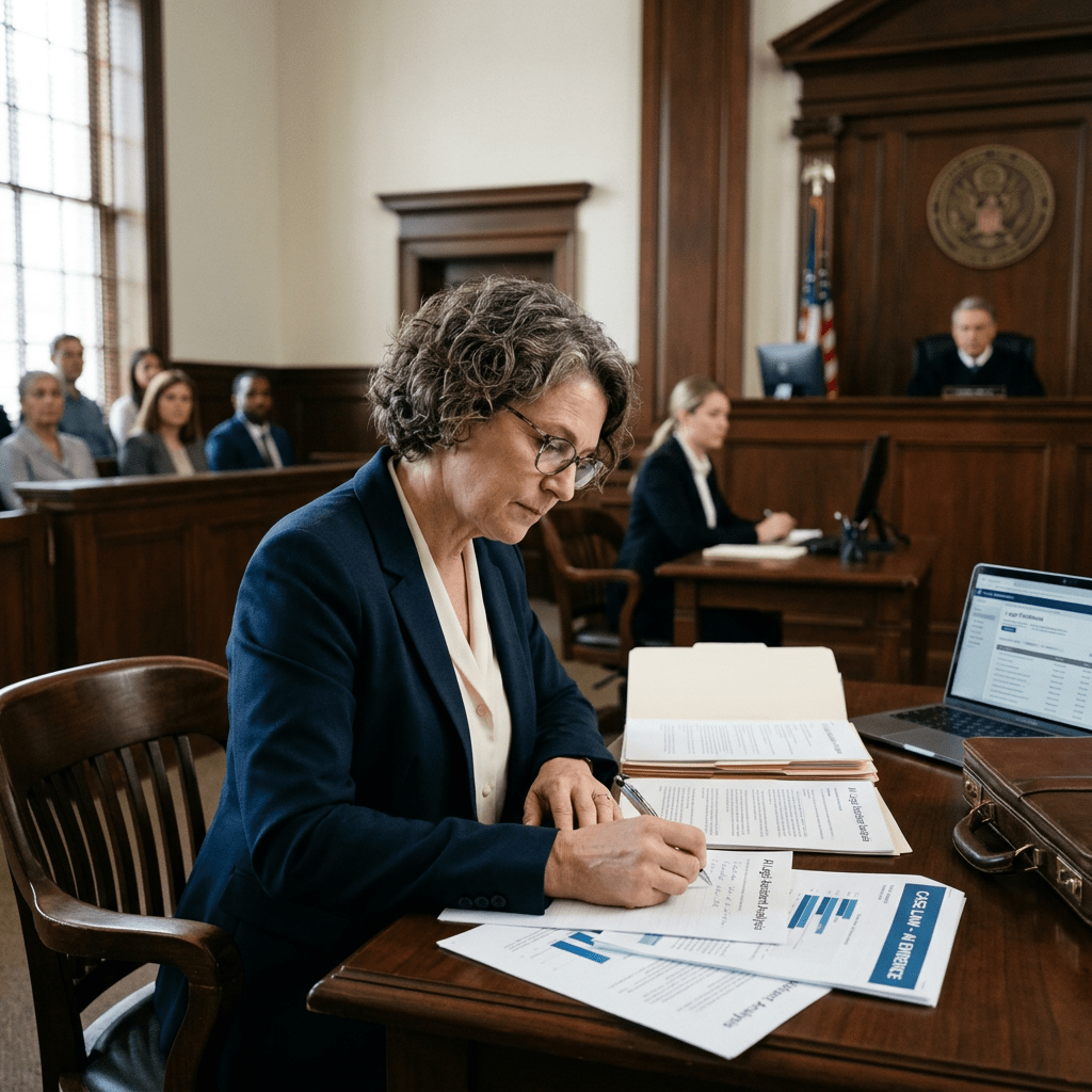 Lawyer writing notes on legal papers at courtroom table with judge in background