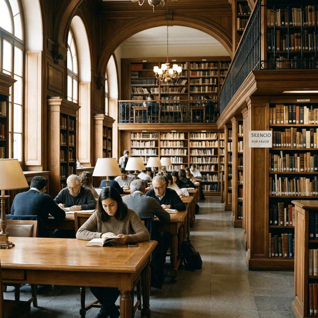 Library reading room with people studying at wooden tables and bookshelves