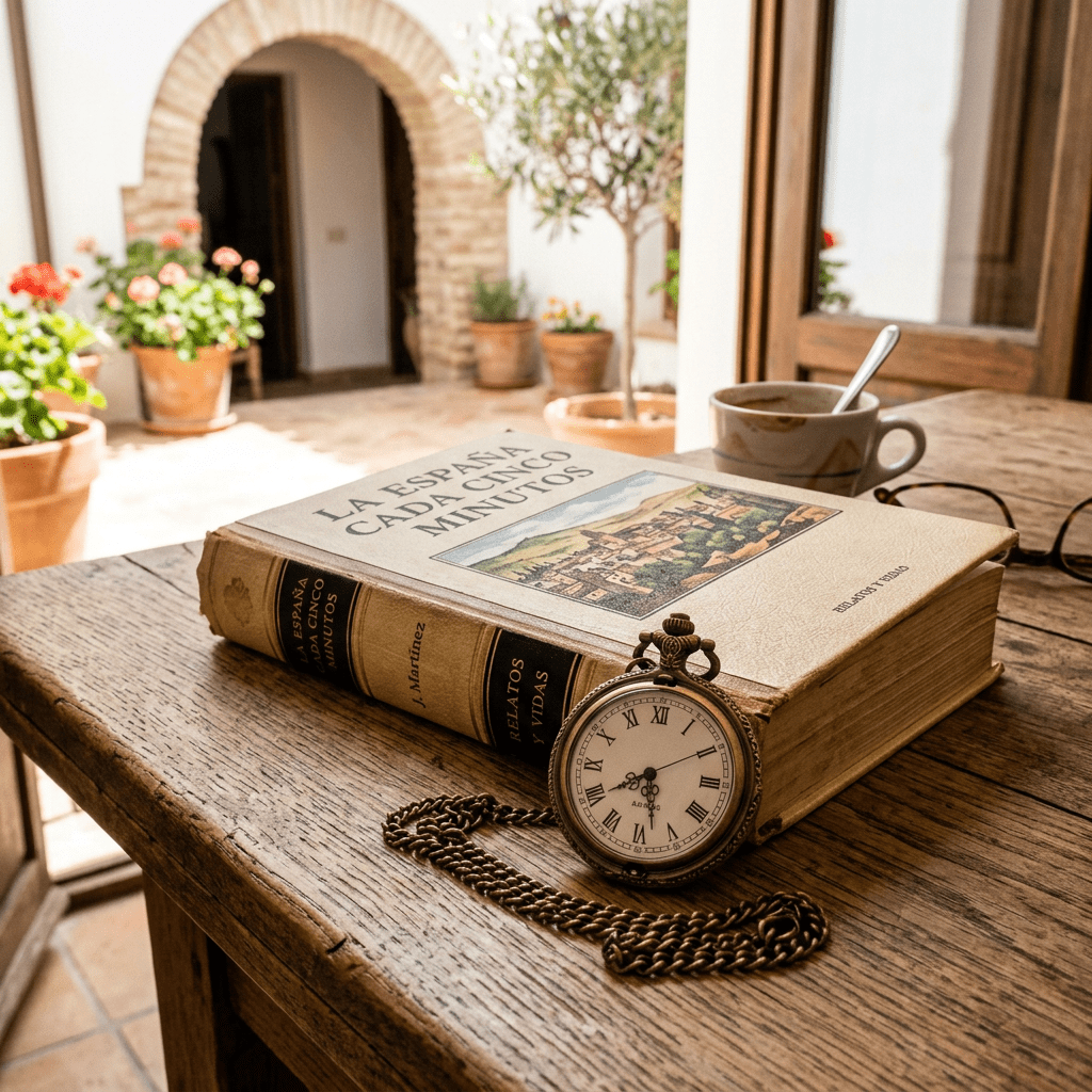 Vintage book with title 'La España Cada Cinco Minutos', an antique pocket watch, and a coffee cup on a wooden table