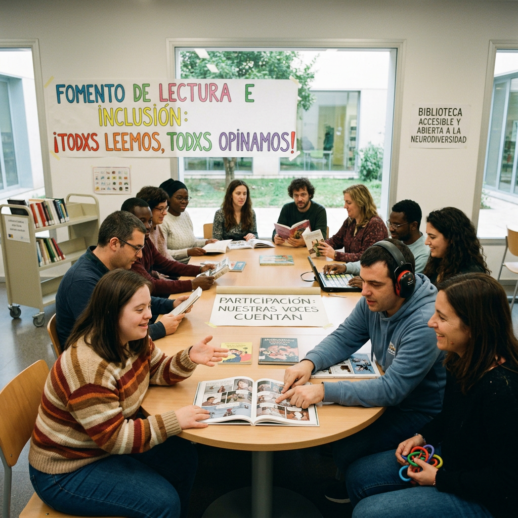 Group of people reading and discussing books around a table in a library promoting inclusion and participation