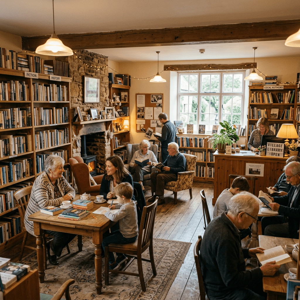 People of various ages reading and talking in a cozy village library with bookshelves and a fireplace