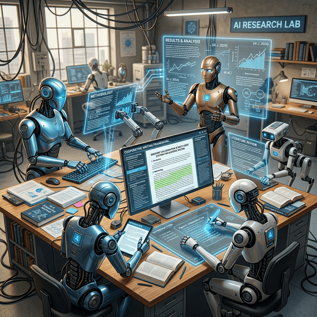 Robots working together on research with holographic data displays in an AI lab