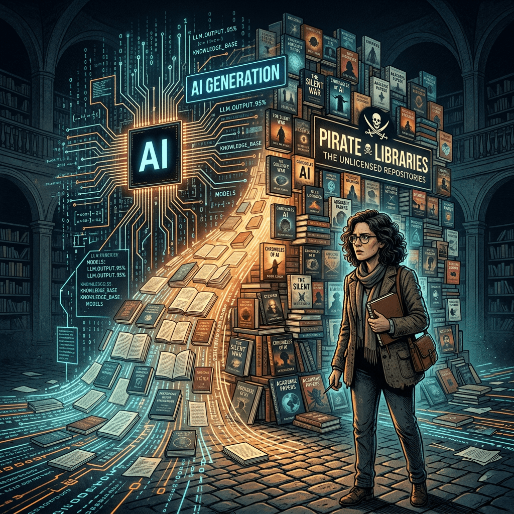 Person standing near digital AI output connecting to pirate library bookshelves