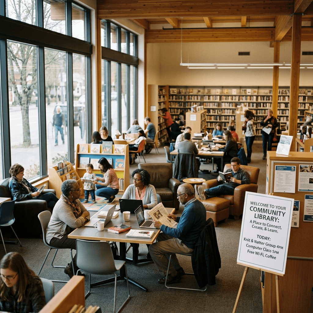 People reading, working on laptops, and socializing in a community library