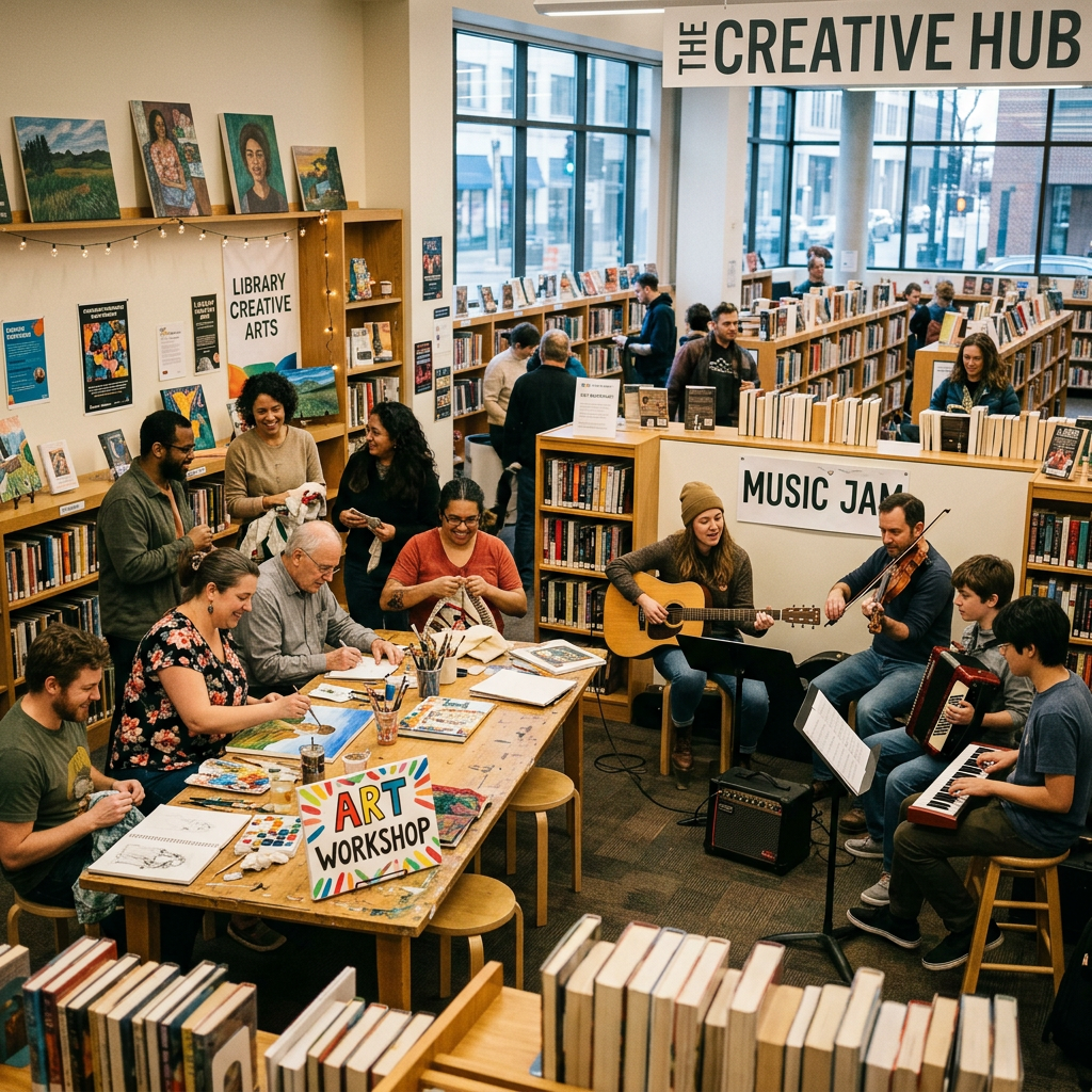 Group participating in art workshop and music jam in library space