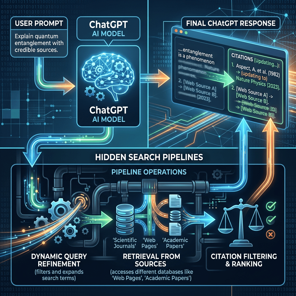Flowchart depicting ChatGPT refining a user query, retrieving information from scientific journals, web pages, and academic papers, and generating a final response with ranked citations.
