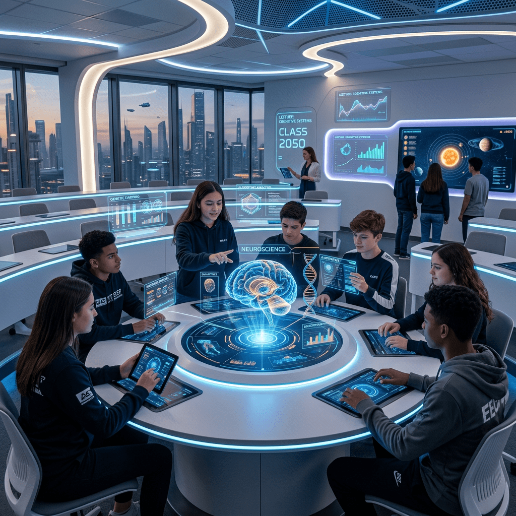 Group of students studying neuroscience using holographic displays in futuristic classroom