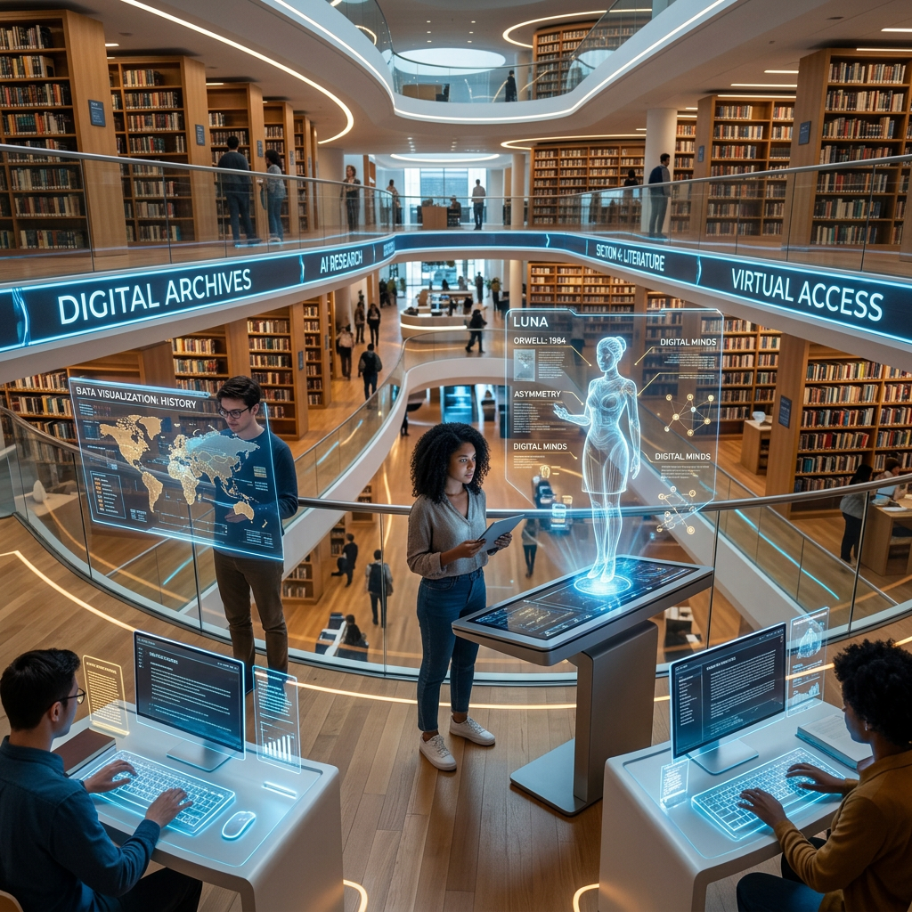 Modern library interior with holographic data screens and people using digital interfaces