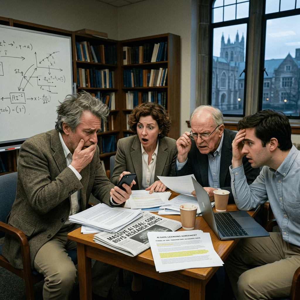 Researchers with shocked expressions looking at phone and papers around a table with AI research documents