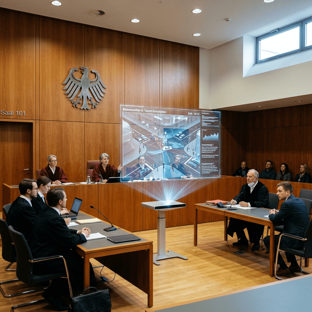 Courtroom with judges and lawyers examining a digital display of a traffic accident reconstruction
