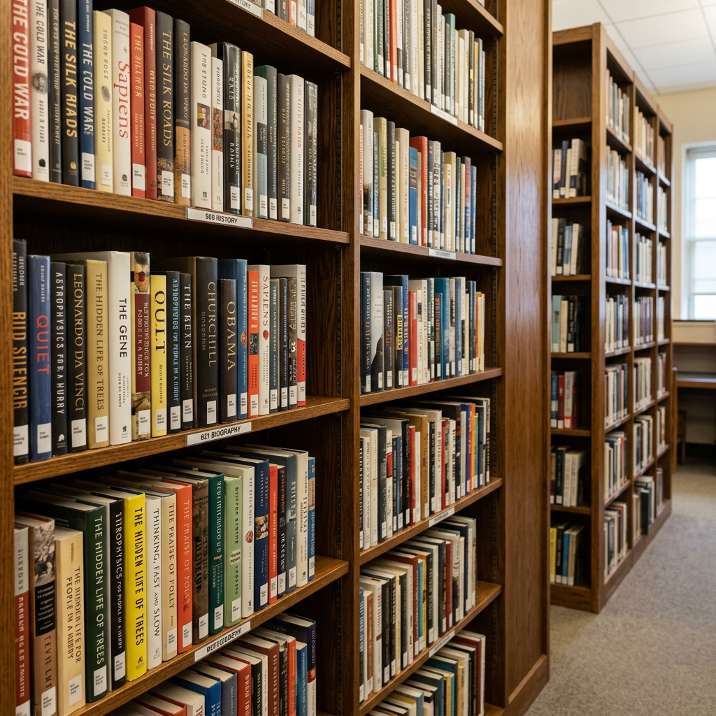 Wooden library bookshelves filled with a variety of history and biography books
