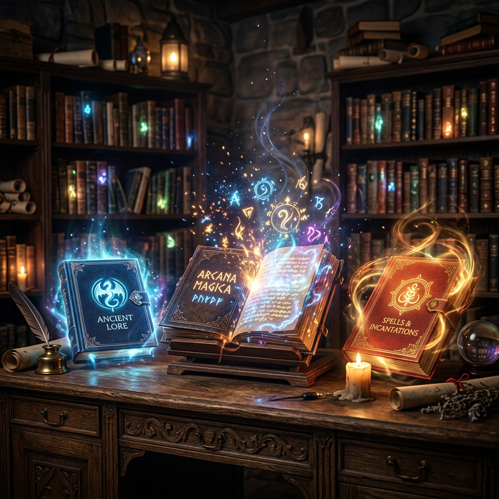 Three magical books glowing with blue, orange, and gold light on a desk