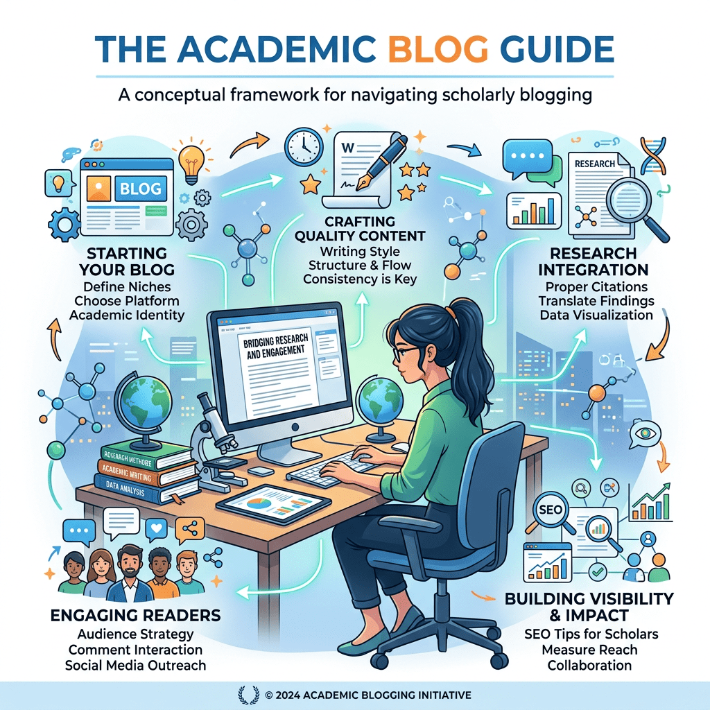 Conceptual framework illustrating steps for scholarly blogging including starting blog, crafting quality content, research integration, engaging readers, and building visibility.