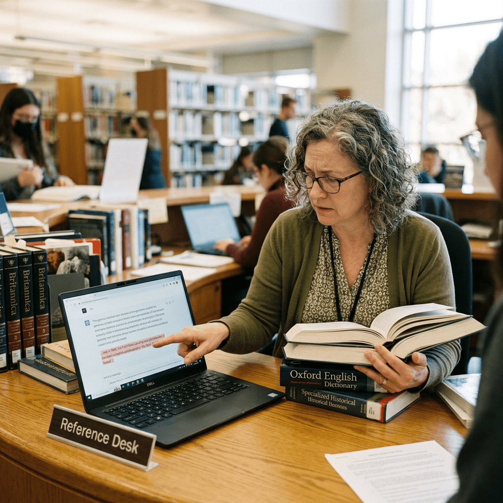 Librarian helping a visitor at reference desk with open books and laptop